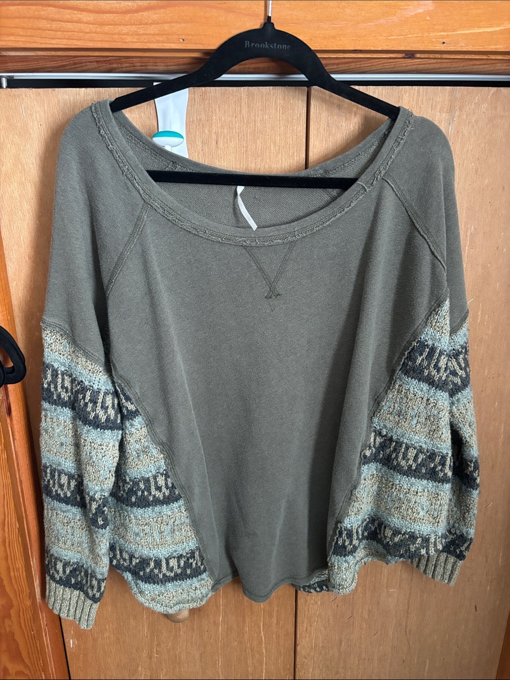 Free People Olive Green Knit Sweater with Patterned Balloon Sleeves